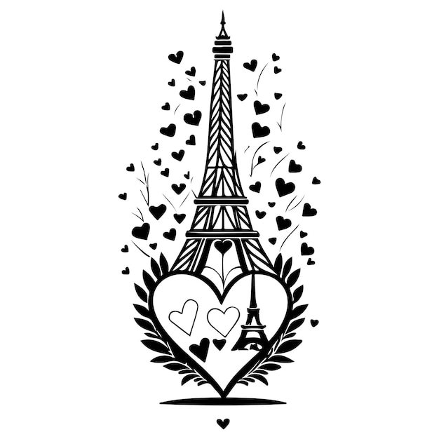 Eiffel Tower with Butterfly love heart valentine illustration draw