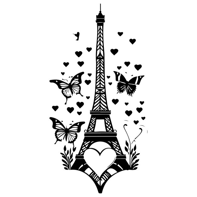 Vettore torre eiffel con farfalla cuore d'amore disegno d'illustrazione di san valentino