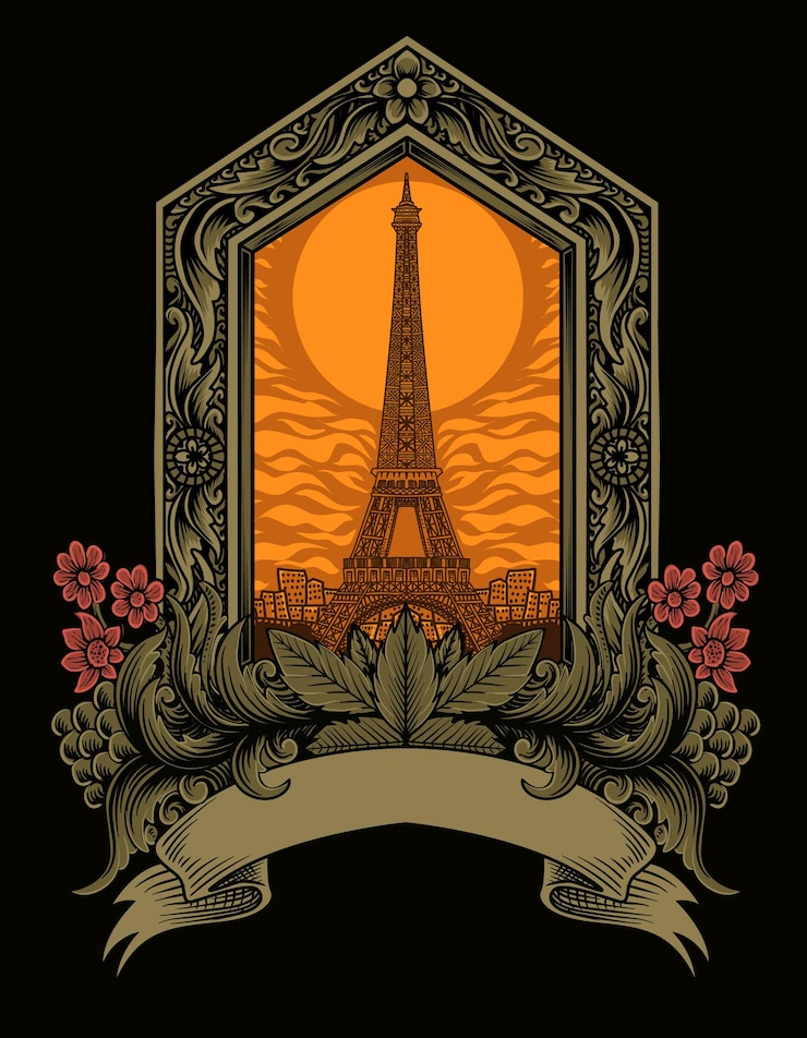 Vector eiffel tower with vintage ornament illustration