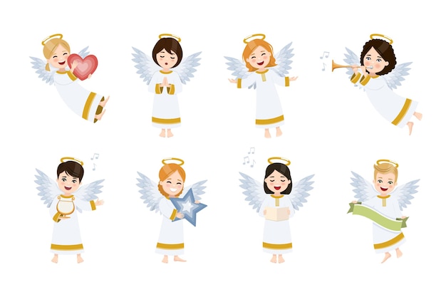 Eight cute and happy angels set. isolated group.