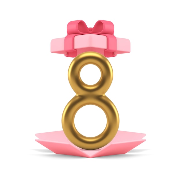 Eight golden number open pink gift box international womens day surprise 3d icon realistic vector