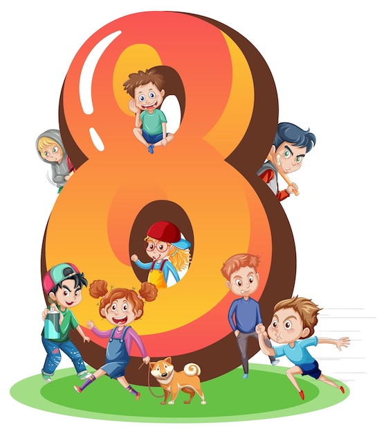 Eight kids with number eight cartoon