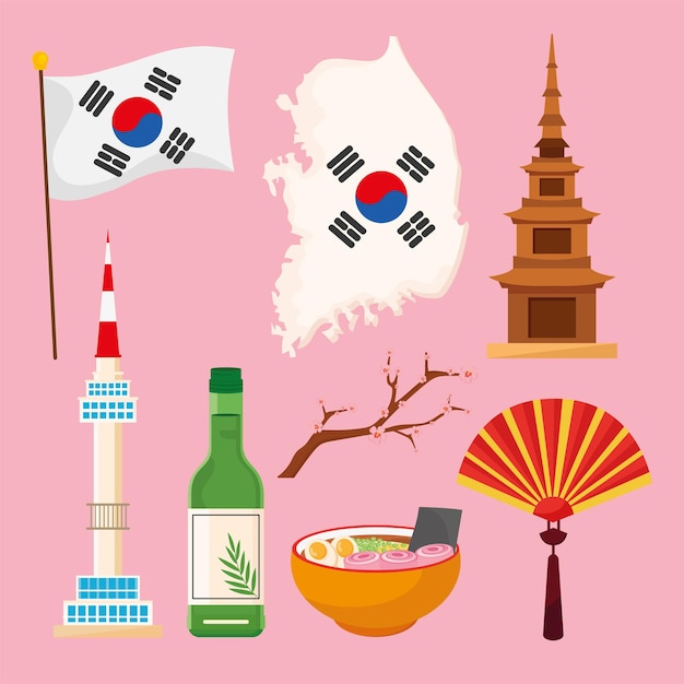 ベクトル 8つの韓国文化のアイコン