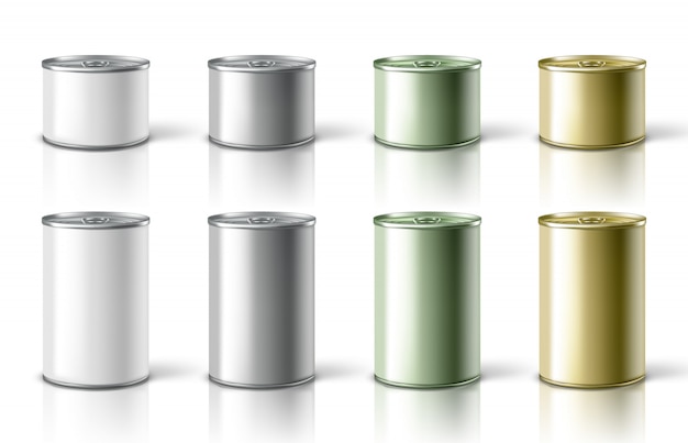 Vector eight metallic tin cans different colors.  illustration