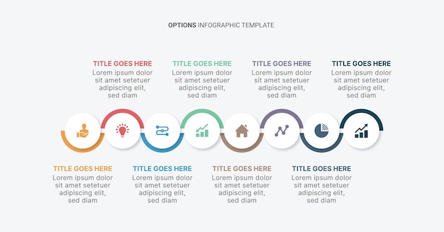 Modello di progettazione infografica aziendale della sequenza temporale di otto opzioni