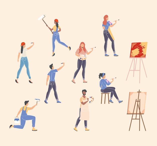 Vector eight persons painting