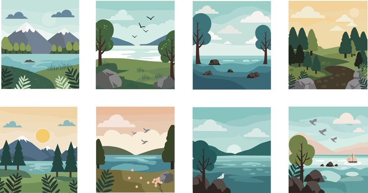 Vector eight scenic landscape illustrations mountains lakes woodlands and serene vistas