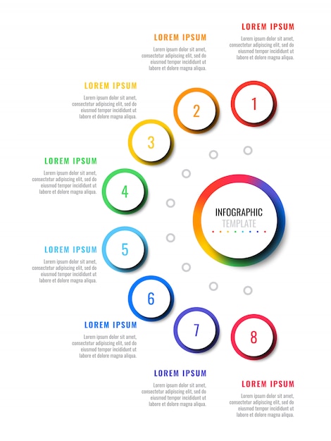 Modello infographic di disposizione di progettazione di otto passaggi con gli elementi realistici rotondi 3d. diagramma di processo per brochure, banner, relazione annuale