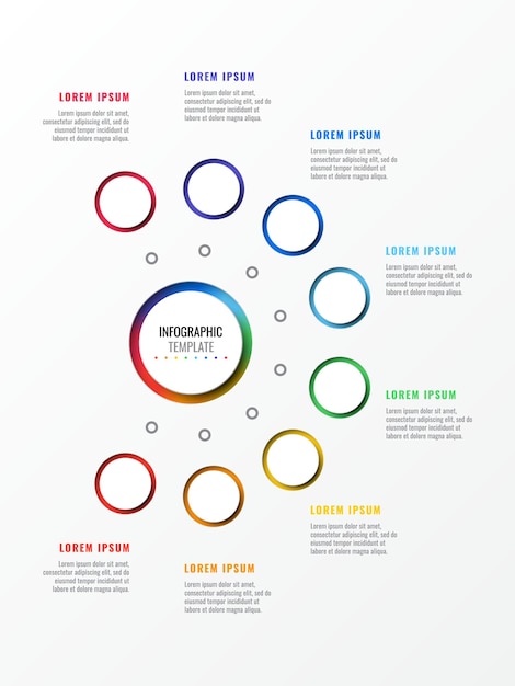 ラウンド3d現実的な要素のプロセス図と8つのステップのデザインレイアウトインフォグラフィックテンプレート