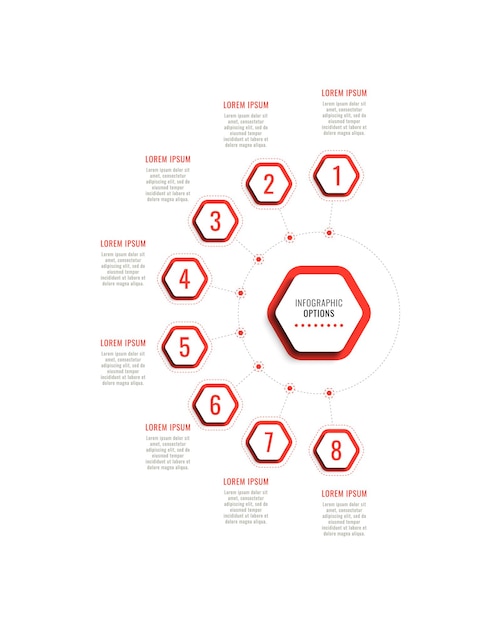 Восемь шагов вертикального инфографического шаблона с красными шестиугольными элементами на белом фоне