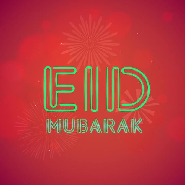 Eiid mubarak text on creative fireworks decorated shiny red background for muslim community festival celebration