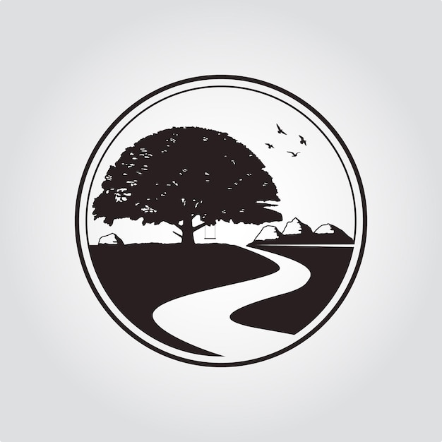 Vector eiken vintage logo met rivier of kreek natuur landschap vector design