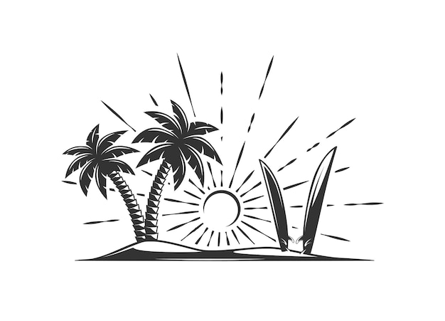 Eiland met palmbomen en surfplanken geïsoleerd op een witte achtergrond vectorillustratie