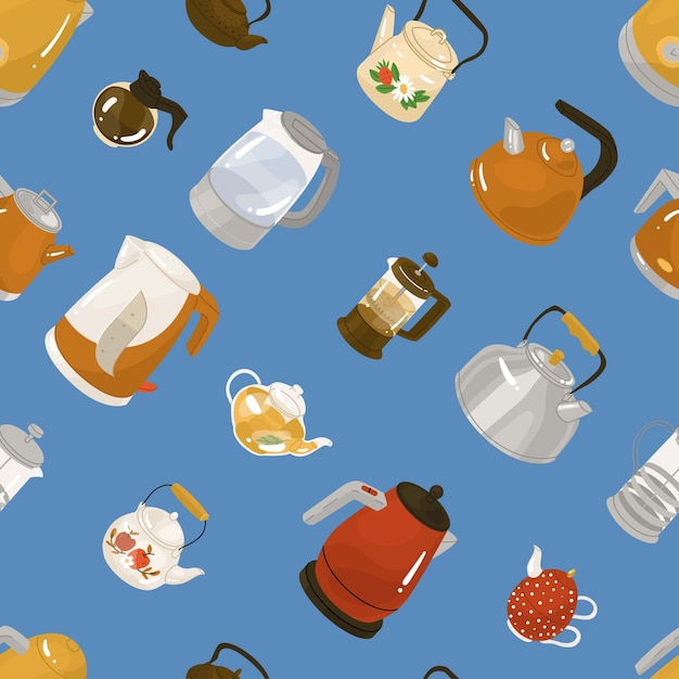 Eindeloos naadloos patroon met verschillende soorten waterkokers, theepotten en koffiepotten Decor voor het keukencafé en de winkel voor huishoudelijke apparaten Vector illustratie