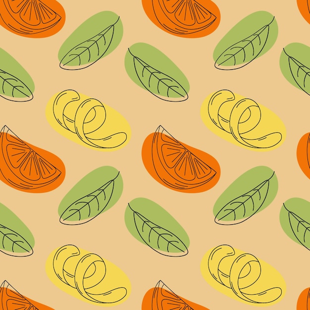 Eindeloos patroon van abstracte afbeeldingen van citroenschil, sinaasappel en groen blad met abstracte kleurrijke vlekken in trendy tinten Vector EPS Ontwerp voor het inpakken van behang web of poster banner brochure