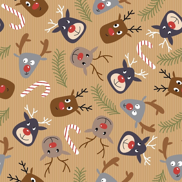Eindeloze kerst achtergrond. Leuke gestileerde herten, lolly en sparrentak. Naadloze herhalingspatroon. Cartoon doodle.