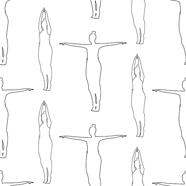 Eindeloze schetstekening van een vrouw die yoga asana doet met opgeheven armen en in verschillende richtingen