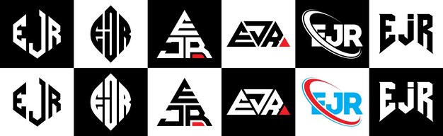 EJR letter logo ontwerp in zes stijl EJR veelhoek cirkel driehoek zeshoek platte en eenvoudige stijl met zwart en wit kleur variatie letter logo set in één artboard EJR minimalistische en klassieke logo