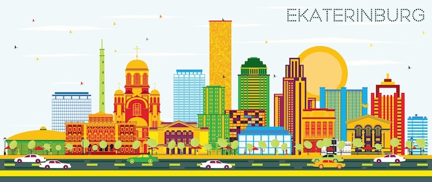 Orizzonte di ekaterinburg con edifici di colore e cielo blu. illustrazione di vettore. viaggi d'affari e concetto di turismo con edifici moderni. immagine per presentazione banner cartellone e sito web.