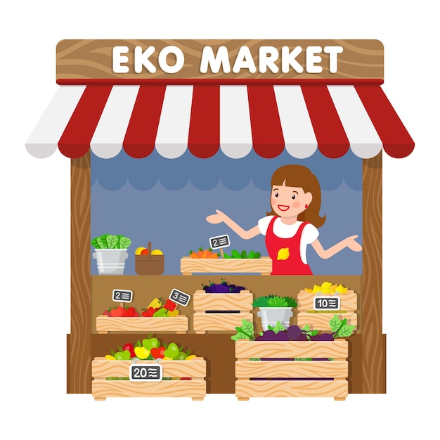 Eko market, kruidenier kiosk platte vectorillustratie