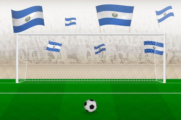 Фанаты футбольной команды Сальвадора с флагами Сальвадора приветствуют концепцию пенальти на стадионе в футбольном матче