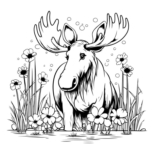 Vector eland op de weide met bloemen monochrome vectorillustratie