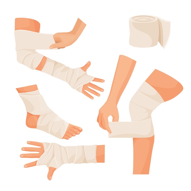 Elastic bandage on injured human body parts set. 