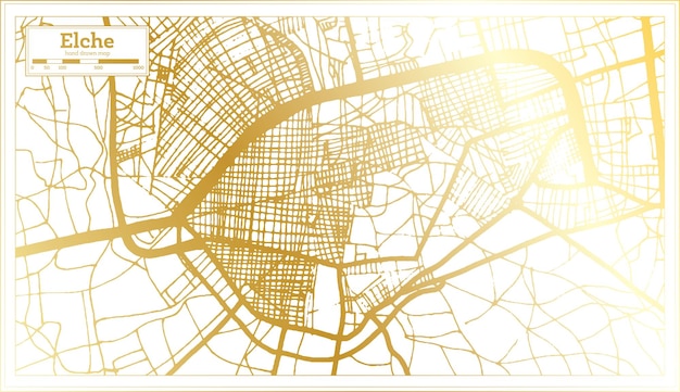 Mappa della città di elche spagna in stile retrò in colore dorato. illustrazione vettoriale della mappa di contorno