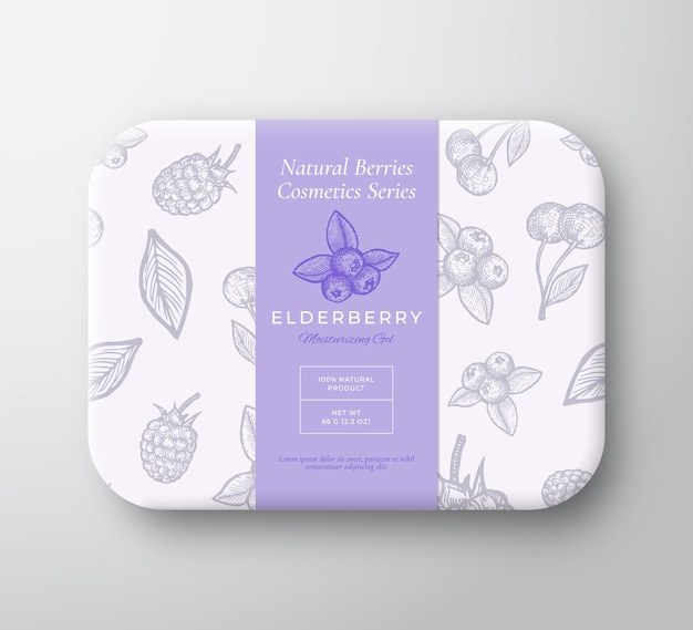 엘더베리 목욕 화장품 패키지 상자 라벨 커버 포장 디자인 현대 타이포그래피와 손으로 그린 딸기 배경 패턴 레이아웃으로 포장된 종이 컨테이너 추상적인 벡터