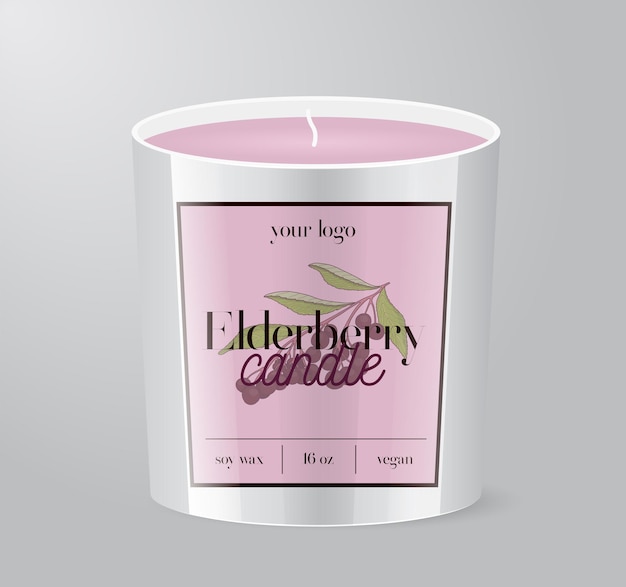 Vector elderberry candle label template glass cup packaging isolated