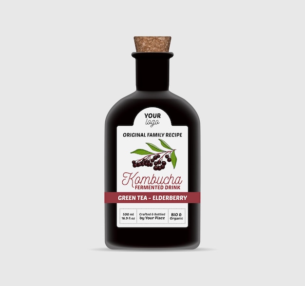 벡터 elderberry kombucha 차 라벨 템플릿 병 포장 절연