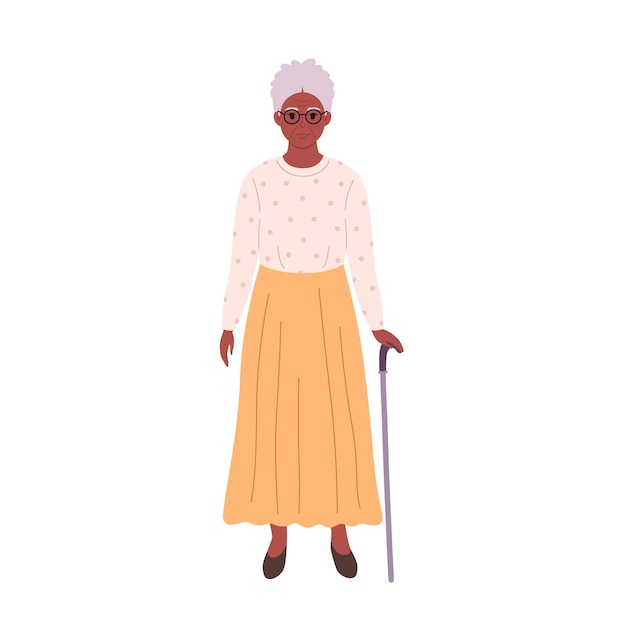 Elderly african american gray-haired woman in eyewear and stylish cloth with cane. senior woman