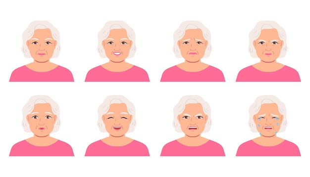 Vector elderly asian woman avatar setdifferent emotions cartoon vector illustration