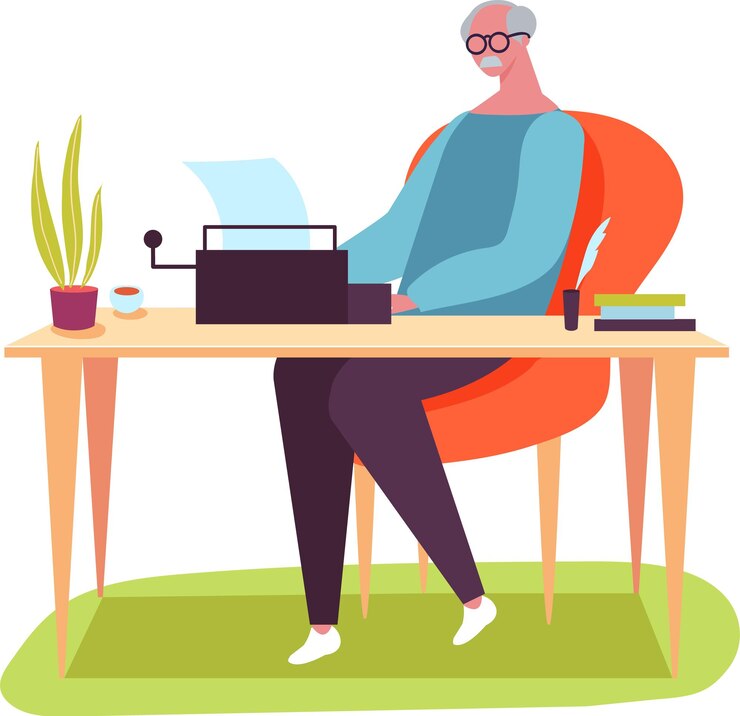 Vector elderly author typing on vintage typewriter in cozy home office fully immersed in creative writing process