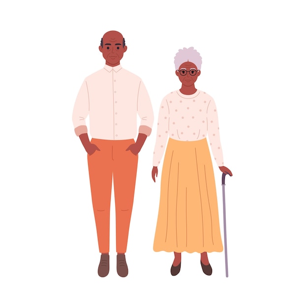 Vector elderly black couple in stylish fashionable look. smiling grandpa and granny in modern outfit
