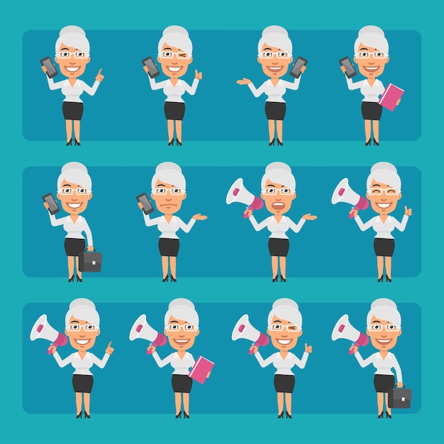 Elderly business lady in different poses and emotions pack 1. big character set. vector character