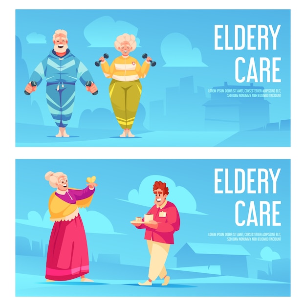 Vector elderly care hand drawn banner set