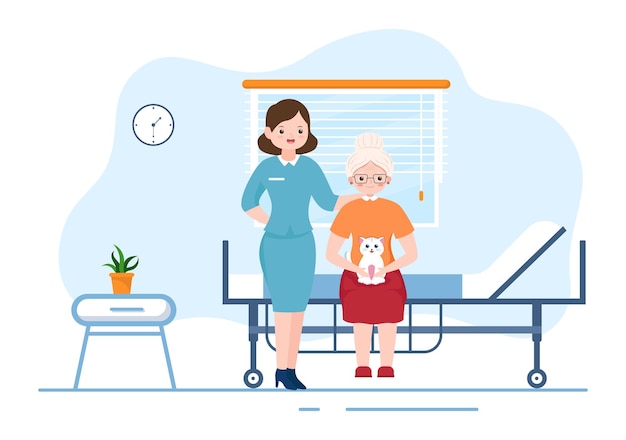 Вектор Услуги по уходу за пожилыми людьми ручная рисованная мультяшная плоская иллюстрация с опекуном и дизайном поддержки