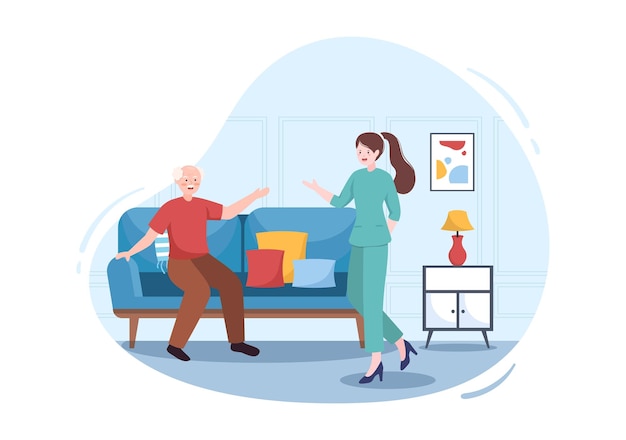 Elderly Care Services Hand Drawn Cartoon Flat Illustration with Caregiver and Support Design