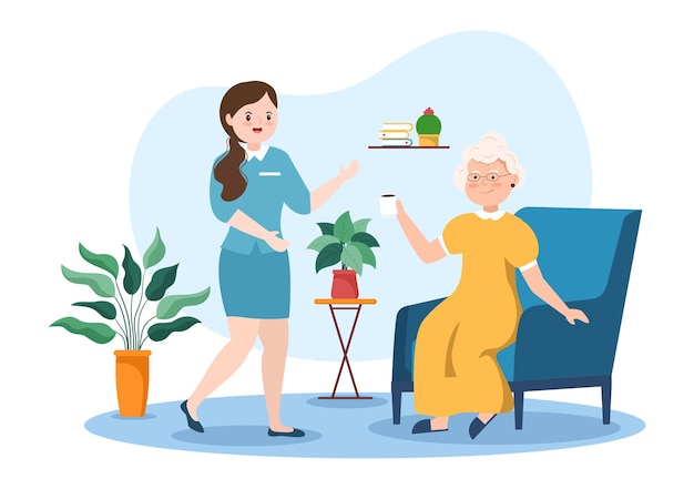 Elderly Care Services Hand Drawn Cartoon Flat Illustration with Caregiver and Support Design