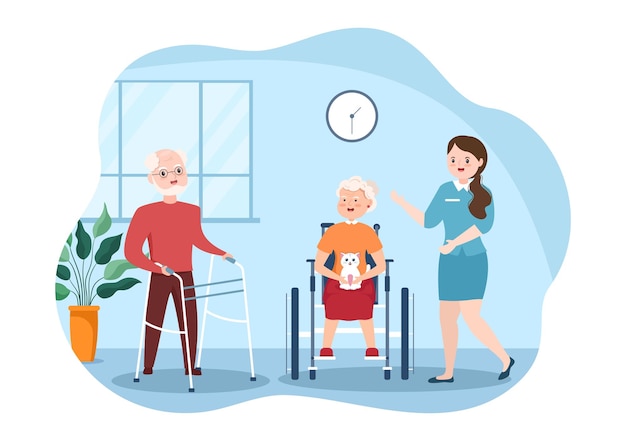 Elderly Care Services Hand Drawn Cartoon Flat Illustration with Caregiver and Support Design