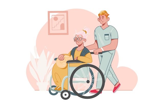 Vector elderly care  . social worker or volunteer is helping an older woman in a wheelchair.  help for seniors with disabilities  in a nursing home.