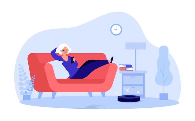 Elderly cartoon woman controlling robot vacuum cleaner via phone. old lady lying on sofa flat vector illustration. technology, lifestyle, housework concept for banner, website design or landing page