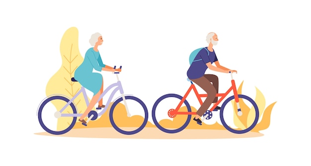 Elderly characters riding bicycles
