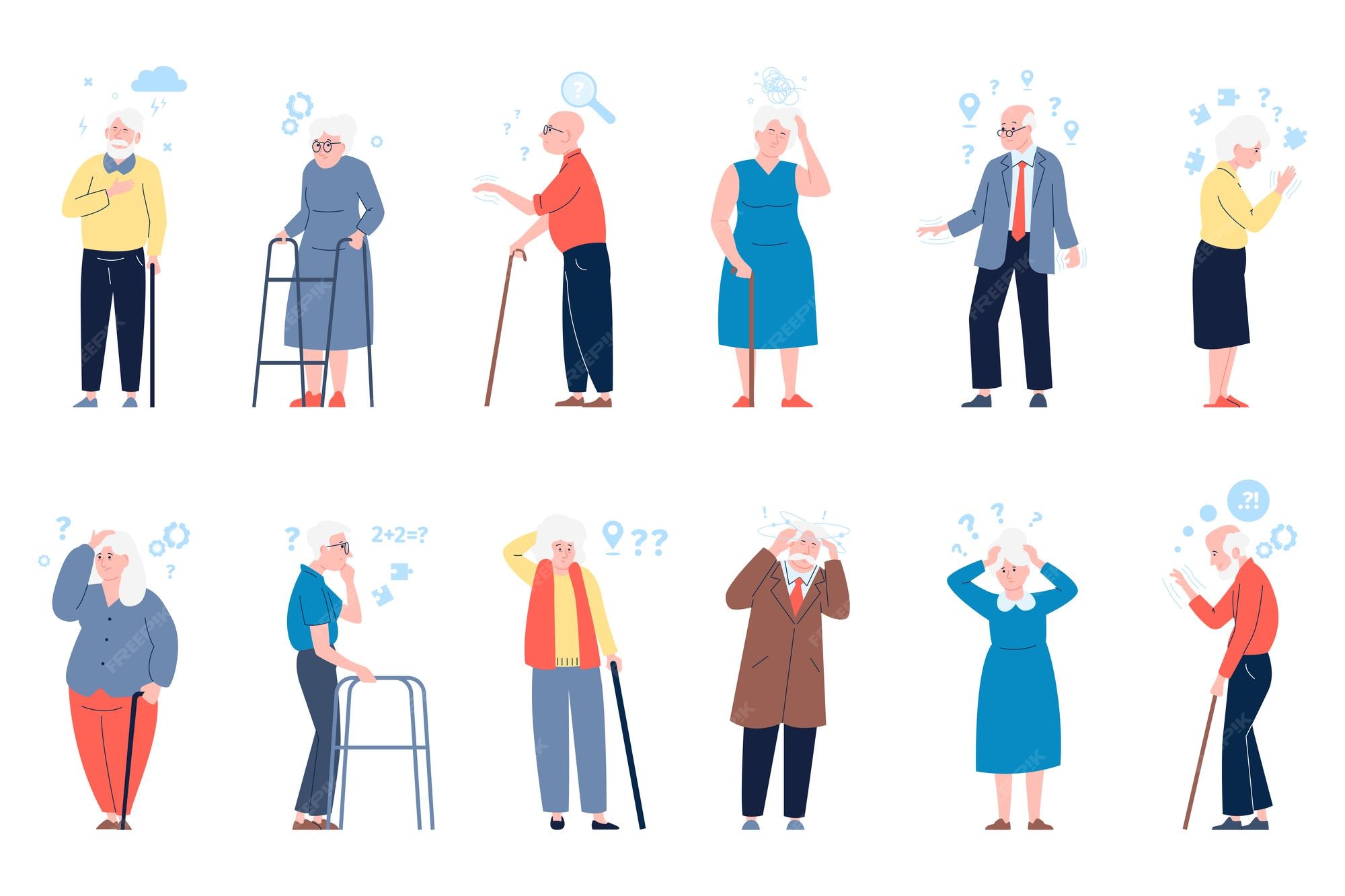 Premium Vector | Elderly characters seniors with dementia symptoms