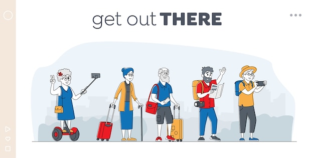 Elderly Characters Travel Group Landing Page Template. Mature Tourists Stand on City Street in Foreign Country. Old People Traveling with Map, Photo Camera, Luggage, Selfie. Linear  