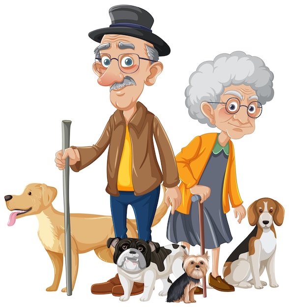 Elderly Couple Cartoon Character with Their Pet Dogs