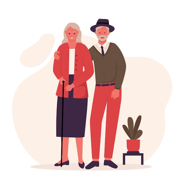 Elderly couple cartoon characters vector set