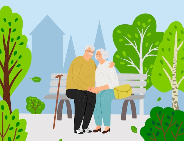 Elderly couple. Cartoon old woman man sitting on bench in city park. Happy grandparents  illustration