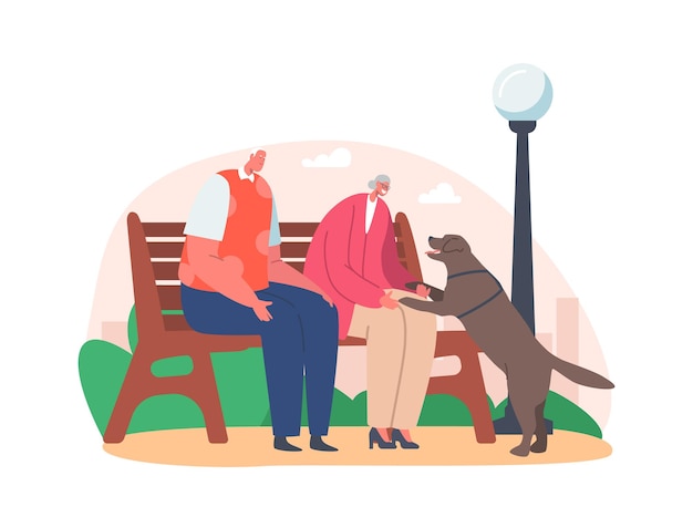 도시 공원에서 강아지와 함께 시간을 보내는 노인 커플 캐릭터 행복한 미소 짓는 노인 남자와 여자는 벤치에 앉아